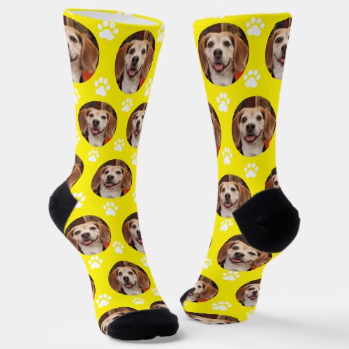 Cute Pet Photo  Paw Prints Bright Yellow Dog Cat  Socks