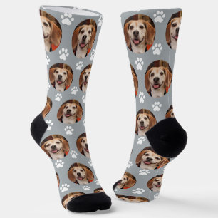 Cute Pet Photo & Paw Prints Cat Dog Gray Socks