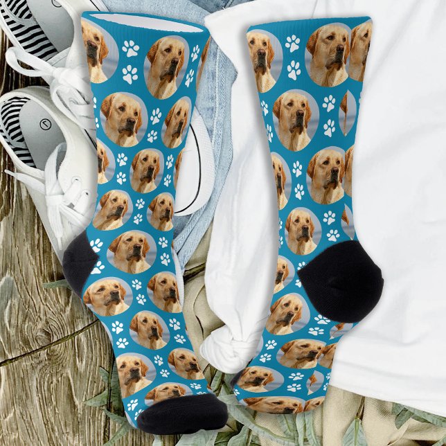 Cute Pet Photo Paw Prints Custom Teal Pattern Dog Socks (Creator Uploaded)
