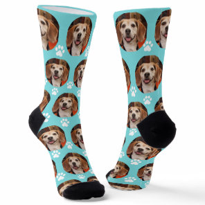Cute Pet Photo Paw Prints Custom Turquoise Socks