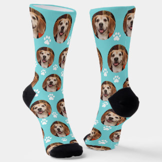Cute Pet Photo Paw Prints Custom Turquoise Socks