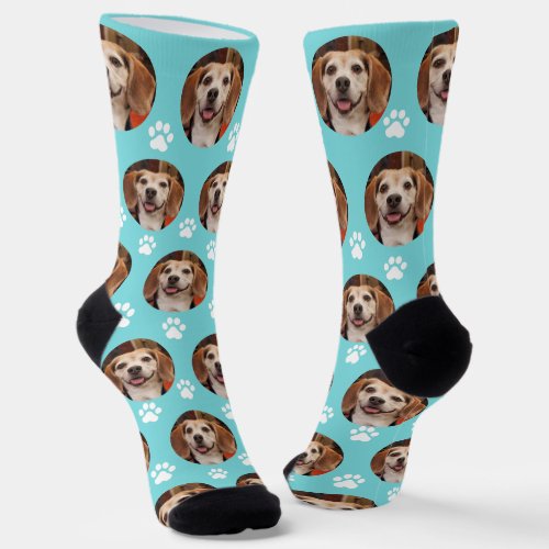  Cute Pet Photo Paw Prints Custom Turquoise Socks