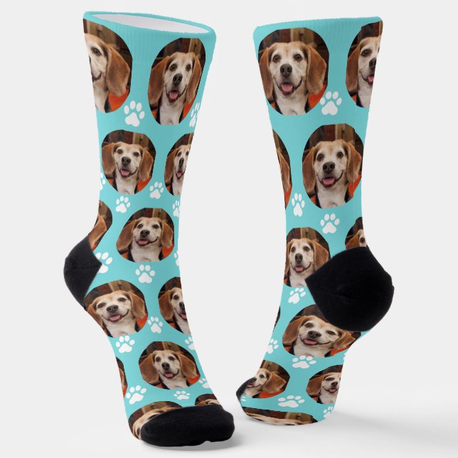 Cute Pet Photo Paw Prints Custom Turquoise Socks (Angled)