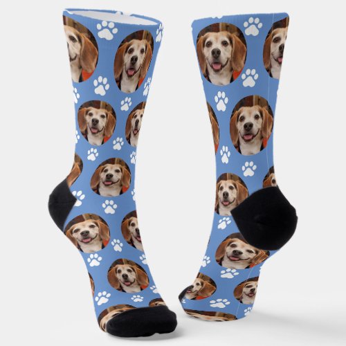 Cute Pet Photo  Paw Prints Dog or Cat Dusty Blue Socks