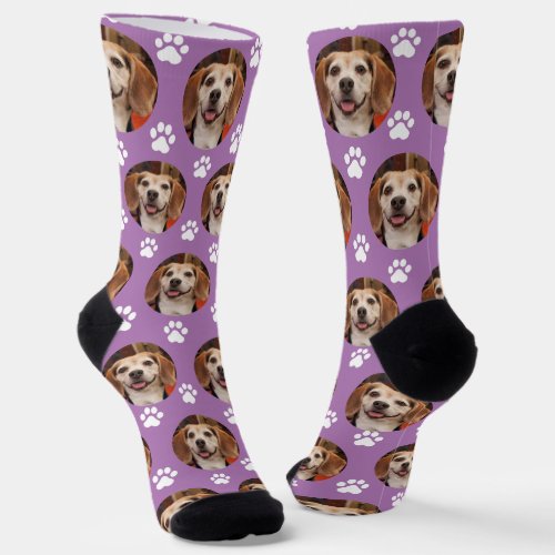 Cute Pet Photo  Paw Prints Dog or Cat Lavender Socks