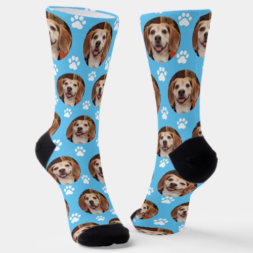Cute Pet Photo  Paw Prints Dog or Cat Light Blue Socks