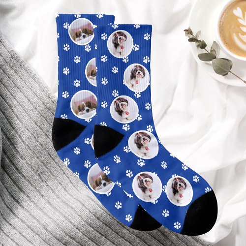 Cute Pet Photo Paw Prints Royal Blue Dog Lover  Socks