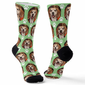 Cute Pet Photo & Paw Prints Sage Green Dog Cat   Socks