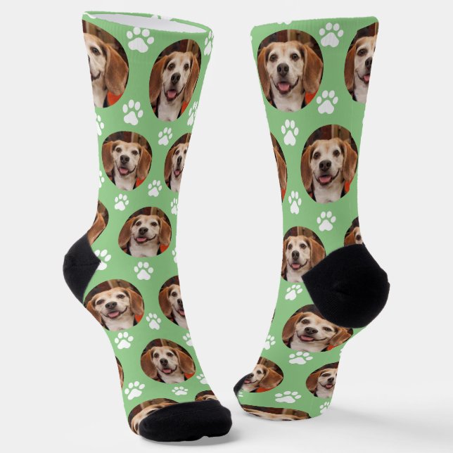 Cute Pet Photo & Paw Prints Sage Green Dog Cat   Socks (Angled)