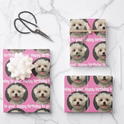 Cute Pet Photo Pink Happy Birthday Wrapping Paper Sheets