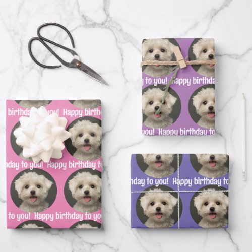 Cute Pet Photo Pink Purple Lavender Birthday Wrapping Paper Sheets