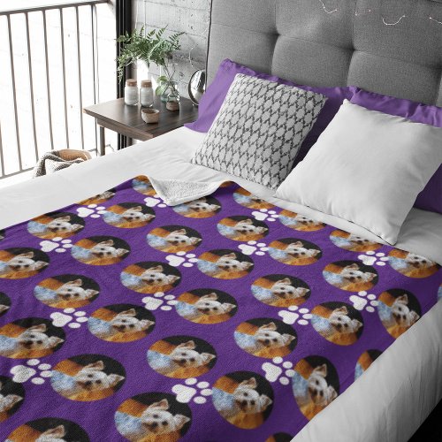  Cute Pet Photo Purple w Paw Print Pattern Modern Fleece Blanket