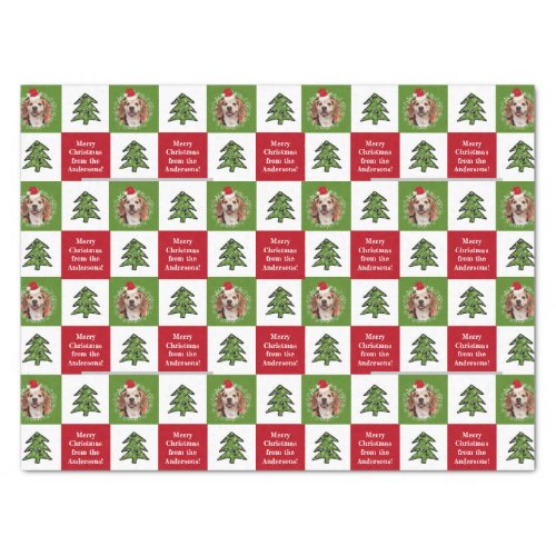Cute Pet Photo Red Green Christmas Tree Your Name Tissue Paper
