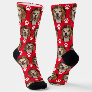  Cute Pet Photo Red & White Paw Prints Custom  Socks