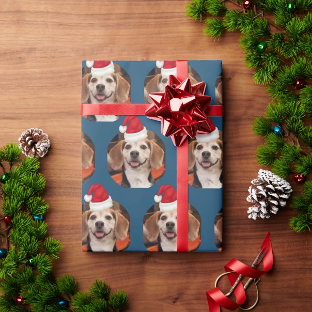 Cute Pet Photo Santa Hats Christmas Blue Wrapping Paper (Holiday Gift)