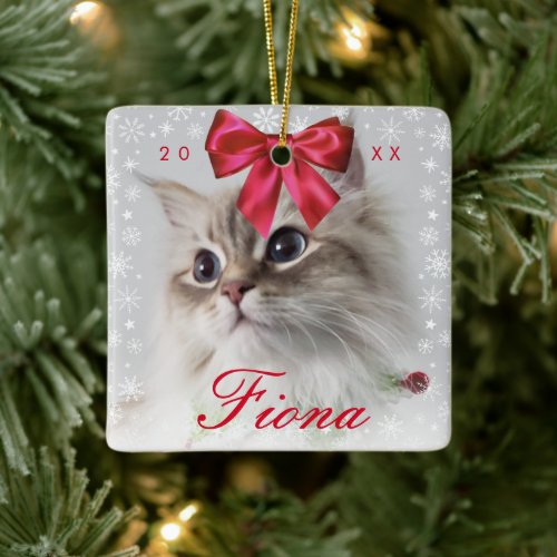 Cute Pet Photo  Snowflake Frame and Ribbon Bow Ceramic Ornament