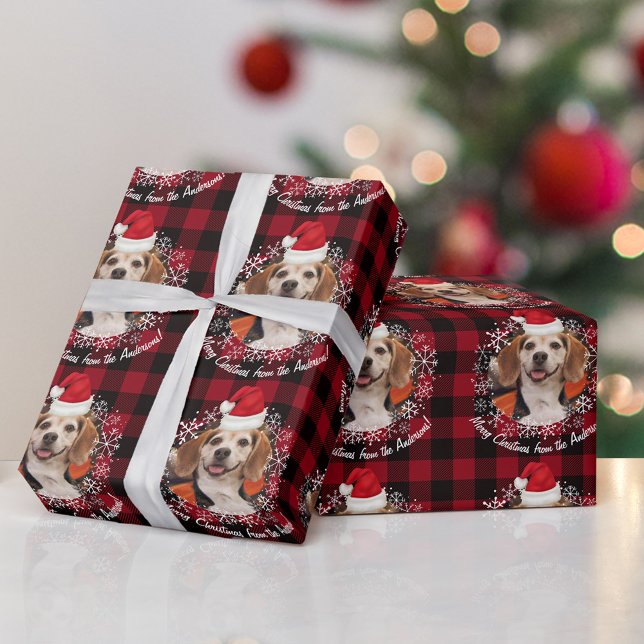 Cute Pet Photo w Santa Hat Red Buffalo Plaid Wrapping Paper (Creator Uploaded)