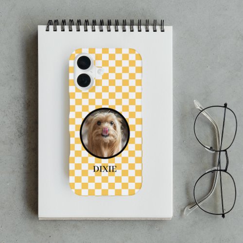 Cute Pet Photo Yellow Checkered iPhone 16 Case