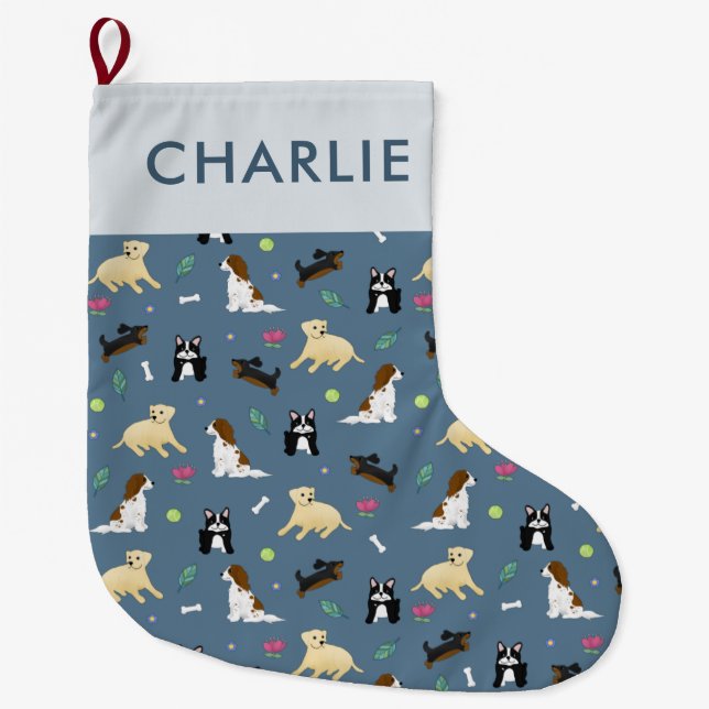 Cute Pet Puppy Dog Monogram Large Christmas Stocking (Front)