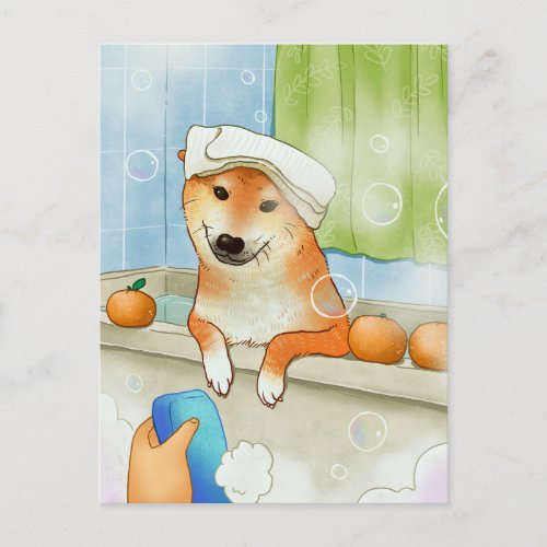 Cute Pet Shiba Inu Dog Bathing Funny Postcard