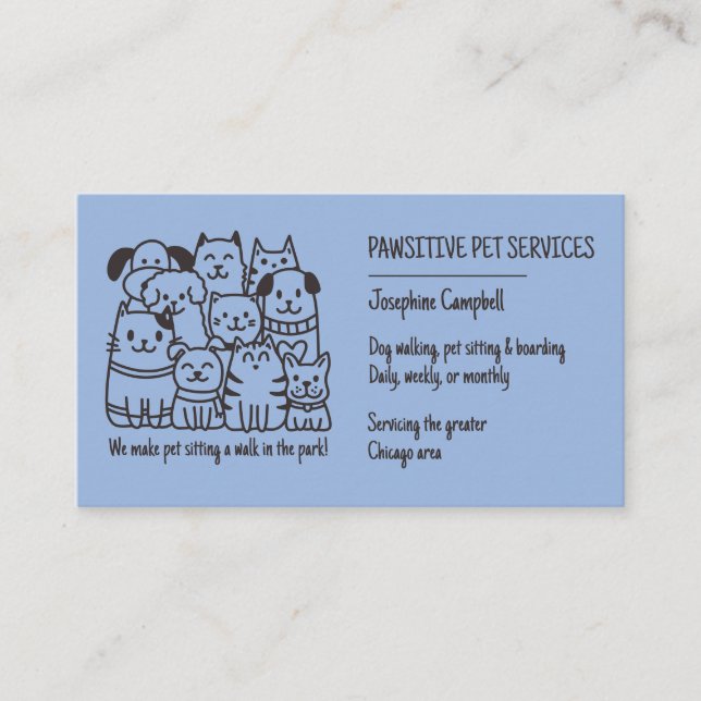 Cute Pet Sitter Blue Cat Dog QR Code Business Card (Front)