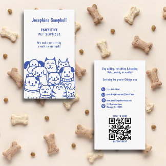 Cute Pet Sitter Minimal Illustration QR Code Blue Business Card