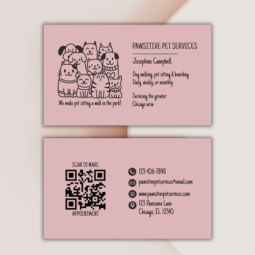 Cute Pet Sitter Pink Cat Dog QR Code Business Card