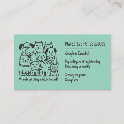 Cute Pet Sitter Teal Cat Dog QR Code Business Card