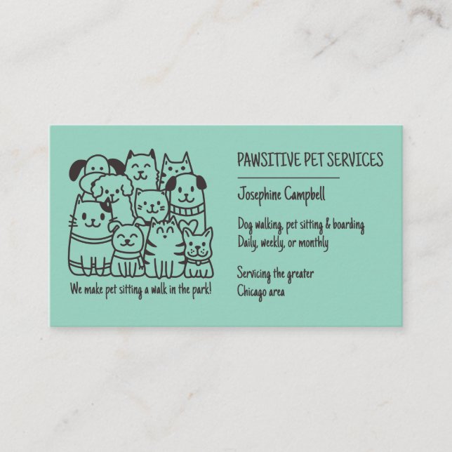 Cute Pet Sitter Teal Cat Dog QR Code Business Card (Front)