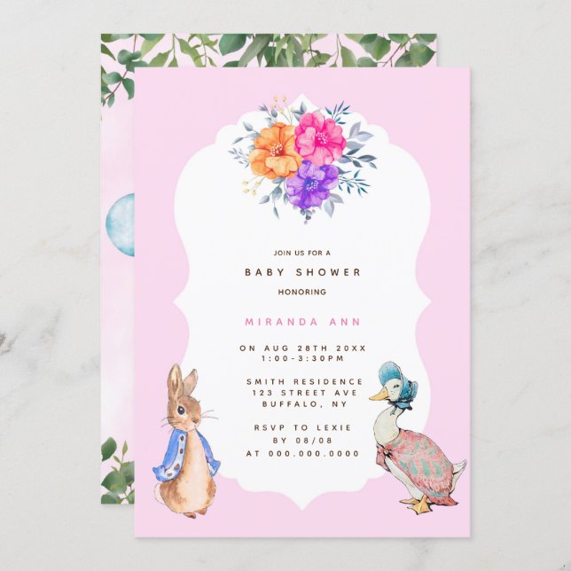 Cute Peter Rabbit Baby in Girl Shower Invitation (Front/Back)