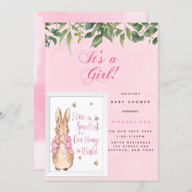 Cute Peter Rabbit Baby in Pink Shower Invitation (Front/Back)