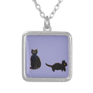 Cute Pets Black Kitty Cats Silver Plated Necklace