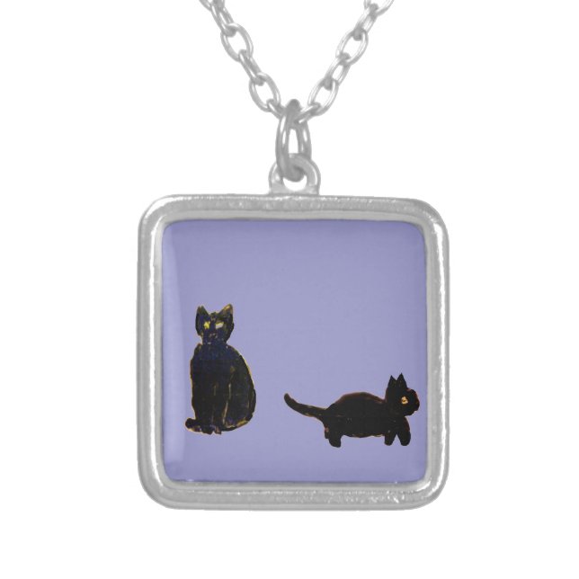 Cute Pets Black Kitty Cats Silver Plated Necklace (Front)