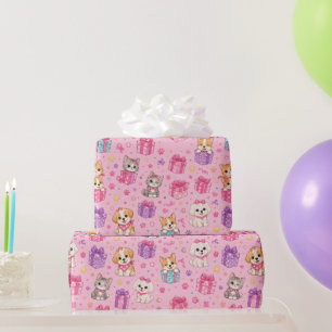 Cute Pets & Gifts Seamless Pattern on Pink Wrapping Paper