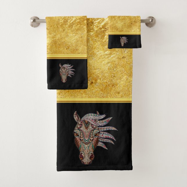 Cute pfergekopf metallized horse head gold foil bath towel set (Insitu)