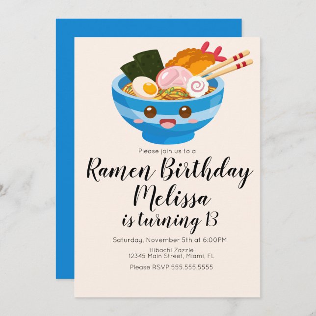 Cute Pho Oriental Ramen Birthday Dinner Blue Invitation (Front/Back)