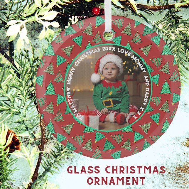 Cute Photo And Green Christmas Trees | Red Name Glass Ornament (In-Situ)