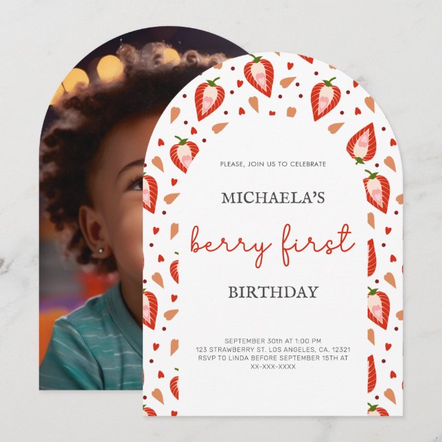 Cute Photo Berry First Birthday Arch Invitation (Front/Back)