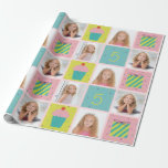 Cute Photo Birthday Customized Wrapping Paper<br><div class="desc">Cute customizable wrapping paper featuring up to three photos and birthday age. Colorful pink,  blue,  yellow and purples make up the cupcake and presents illustrations and polka dots.</div>