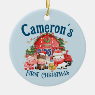 Cute Photo Christmas Farm Animals on Blue Ceramic Ornament