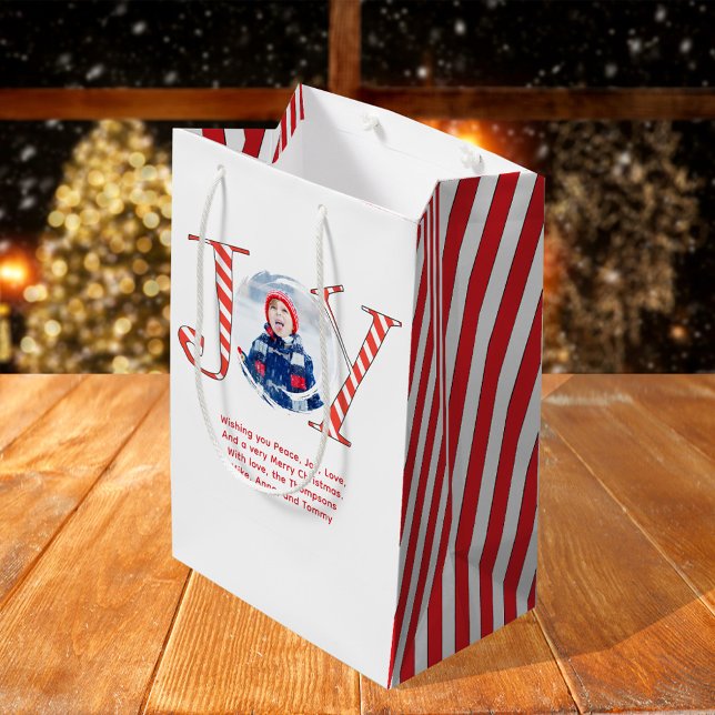 Cute Photo Christmas Joy Personalized  Medium Gift Bag (Joy typography custom photo gift bag.)