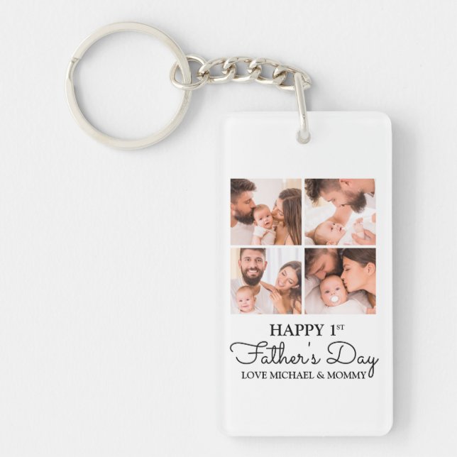 Cute Photo Collage Happy First Fathers Day Keychain (Front)