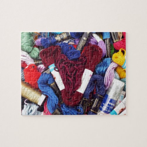 Cute photo colorful burgundy embroidery love heart jigsaw puzzle
