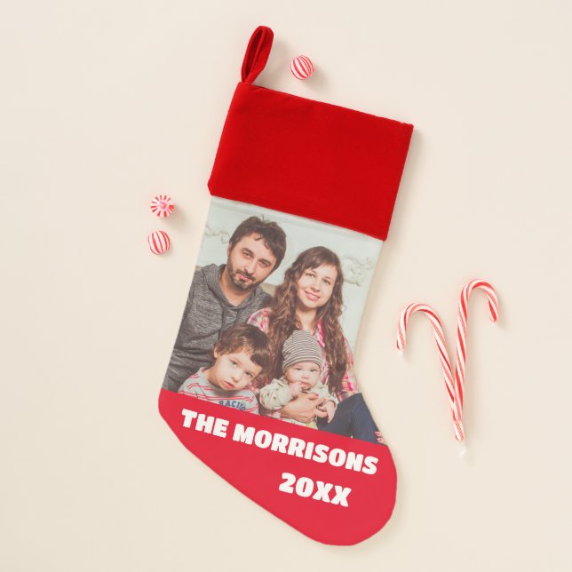Cute Photo Family White Typography Modern Red Christmas Stocking (Front)