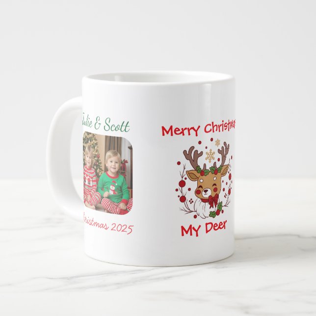Cute Photo family with  DEER Green Personalize Giant Coffee Mug (Front Left)