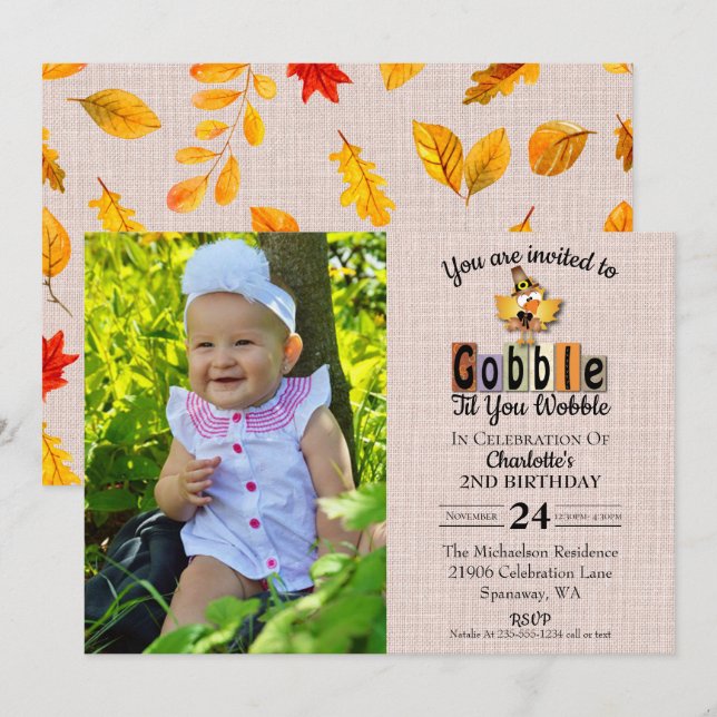 Cute Photo Gobble Til You Wobble Birthday Invitation (Front/Back)