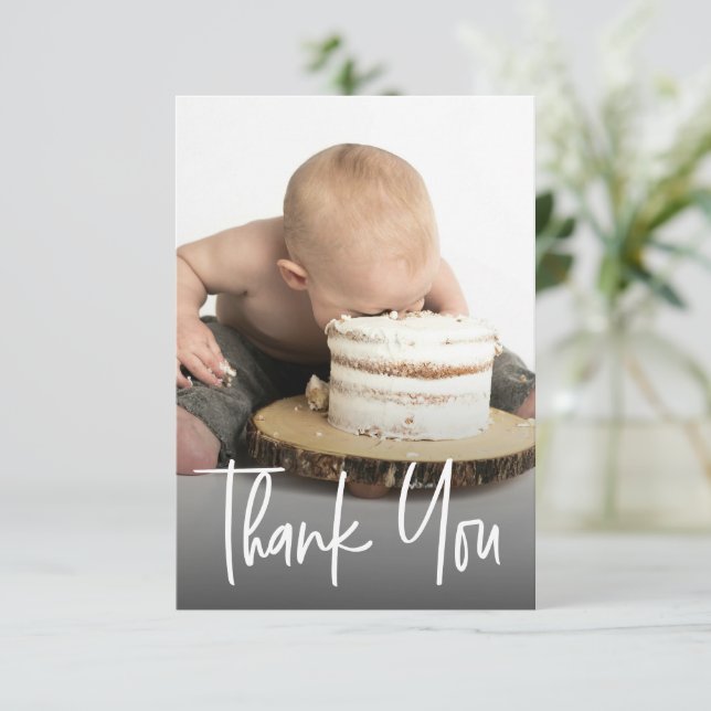 Cute photo handlettering 1st birthday Custom note Thank You Card (Standing Front)
