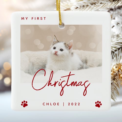Cute Photo Kitten 1st Christmas Paw Prints Red Ceramic Ornament