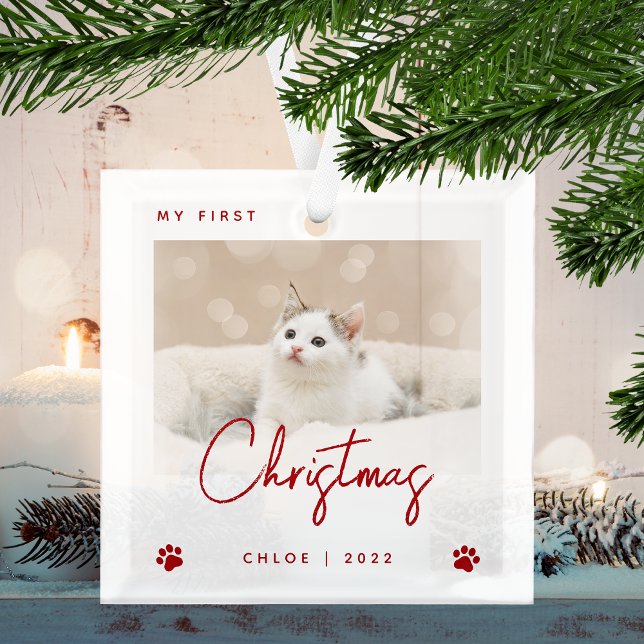 Cute Photo Kitten 1st Christmas Paw Prints Red Glass Ornament (Creator Uploaded)