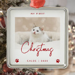 Cute Photo Kitten 1st Christmas Paw Prints Red Metal Ornament<br><div class="desc">Celebrate your kitten's first Christmas with this modern minimalist photo keepsake ornament. The red text reads "My first Christmas, " with the word "Christmas" in trendy handwriting script. Easily replace the sample image with your favorite photo, and add your kitten's name and the year below, framed by a pair of...</div>